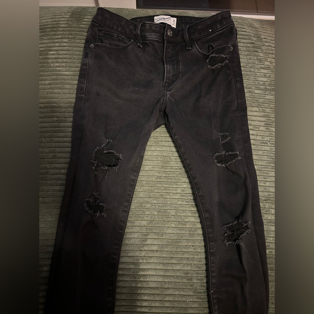 Abercrombie distressed charcoal super skinny ankle mid rise jeans